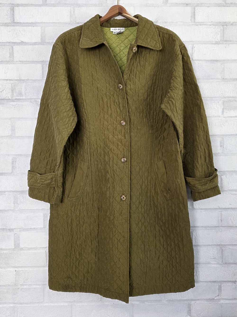 Debra DeRoo Quilted Button Front Long Sleeve 100% Silk Jacket Medium Olive Green